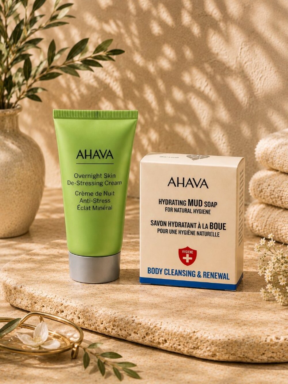 AHAVA Overnight De-Stressing Cream & Hydrating Mud Soap Bundle Made in Israel